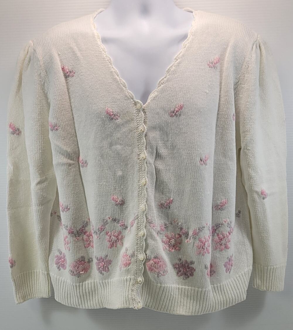 Bonnie Evans Woman Embroidered Cardigan Button White Floral Knit Sweater 44/24W